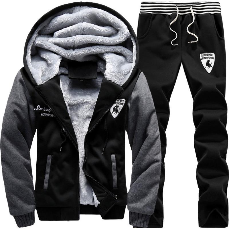 Men's Thickened Thermal Zip Up Hoodie Sweatpants Set Winter Sportswear