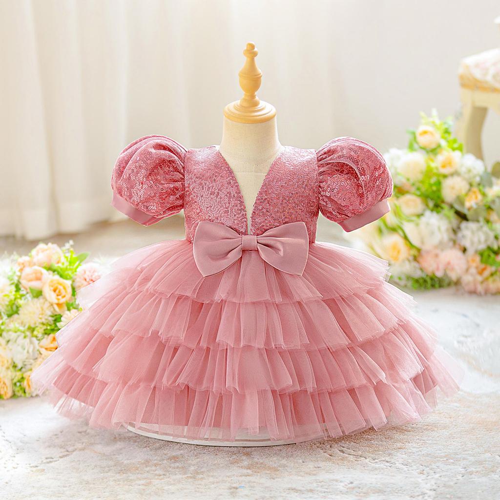 2026 Girls' V-Neck Mesh Cake Skirt Dress - Birthday & Flower Girl Party Outfit