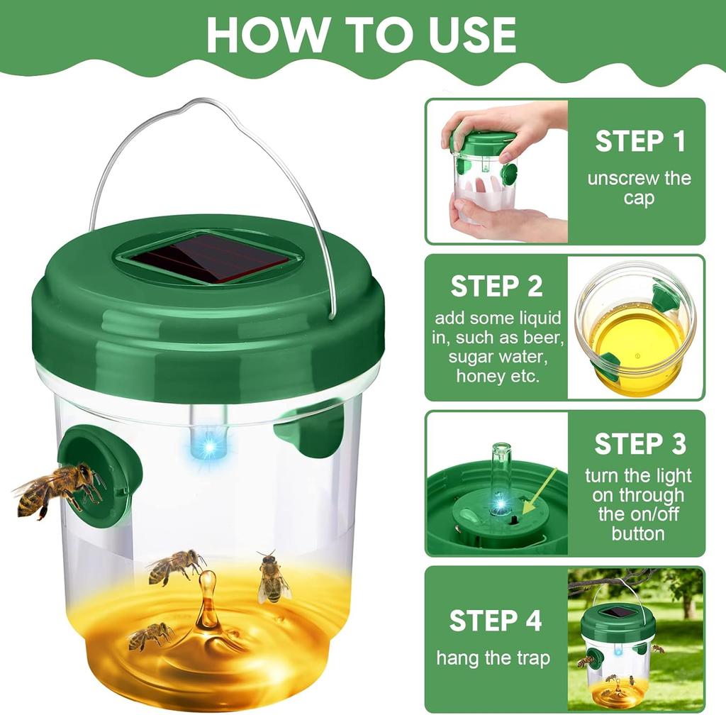 Wasp Trap Solar Powered Bee Trap Reusable Fly Traps Outdoor Hanging Wasp Killer with UV LED Light Flying Insects Bee Killer