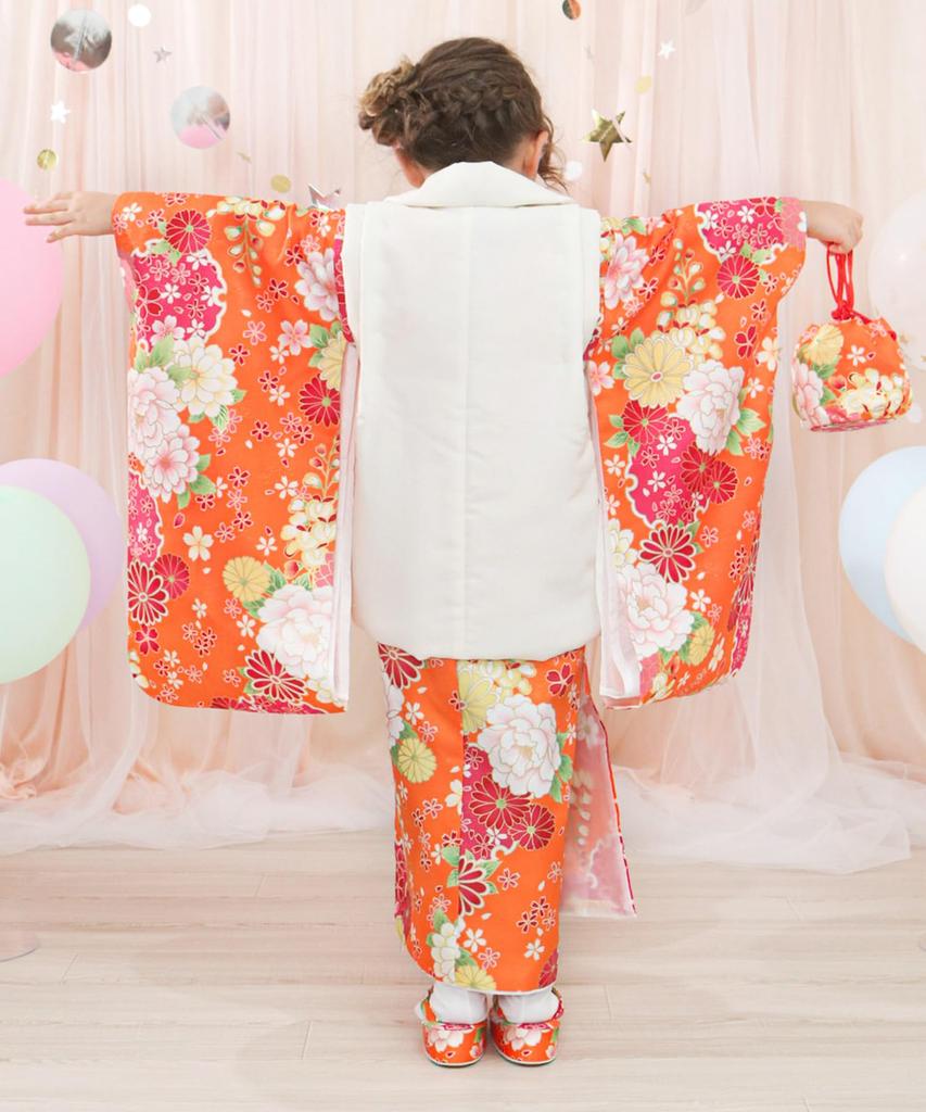 753 Kimono Set for Includes Hifu and Plain Hifu and Full Set Orange Blossom [KYOETSU] 3-Year-Old Girls, Cloth, Accessories, (10. Echo, 90-100cm)
