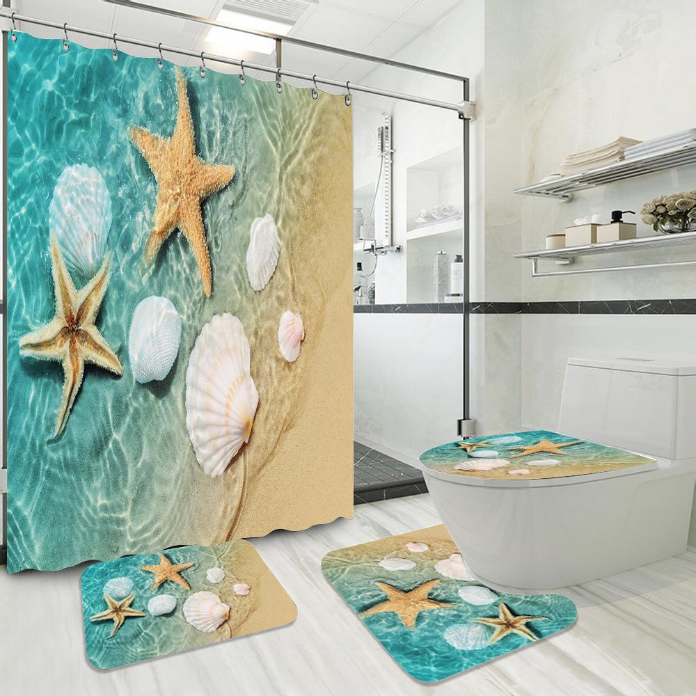 Blue Fishing Net And Whelk 3D Printed Waterproof Shower Curtain Non Slip Rugs Mat Polyester Fabric Waterproof With Hooks