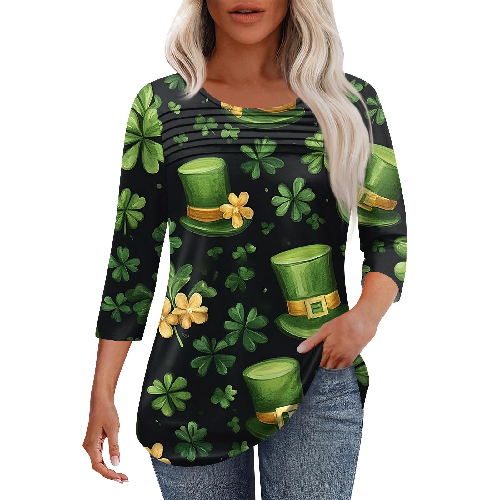 

Женская мода круглый вырез шея плиссированная передняя планка однотонный топ рукав 3/4 L армия зеленый