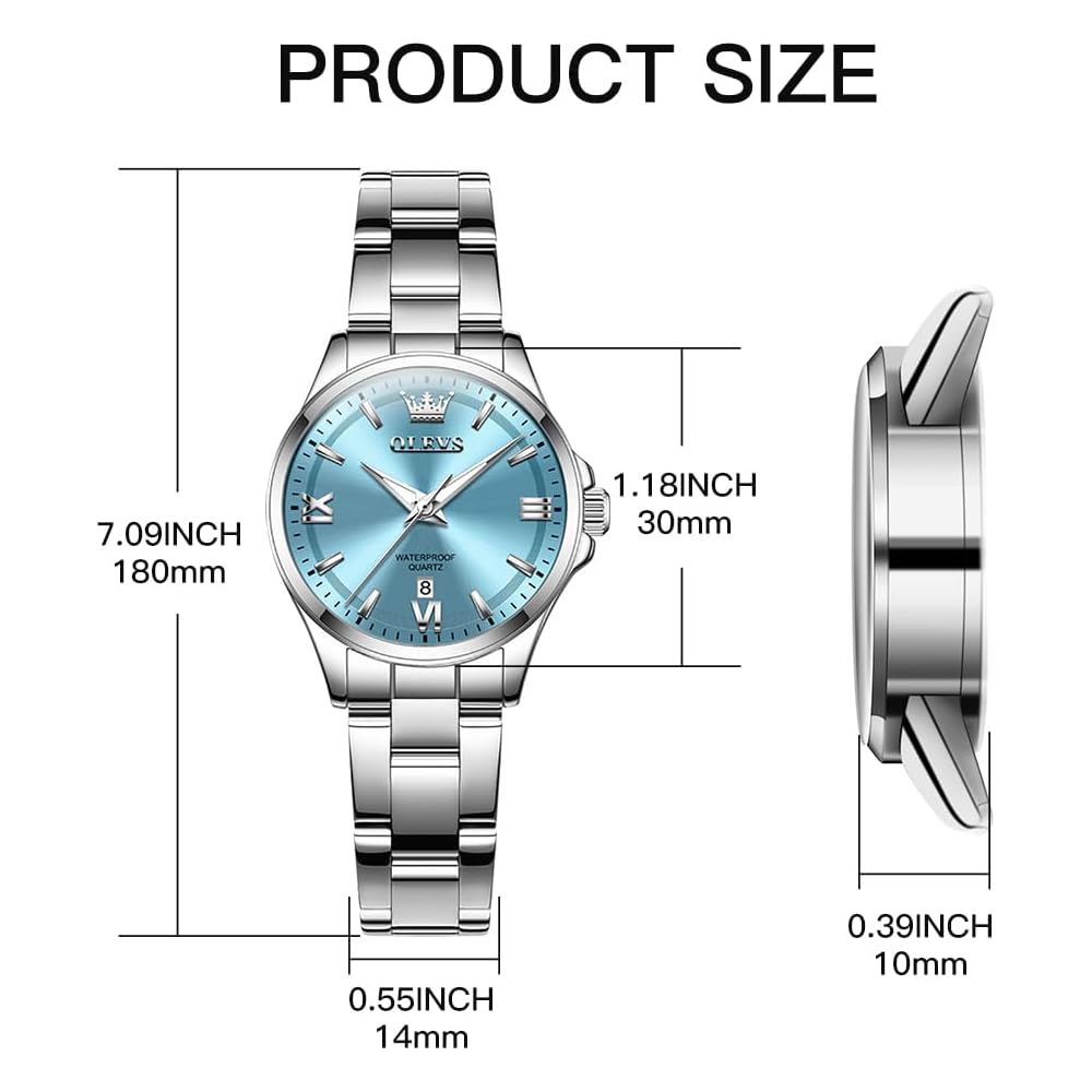 OLEVS Women's Luxury Elegant Watch Stainless Steel Waterproof Luminous Diamond Small Wrist Silver Blue Fashion Watch