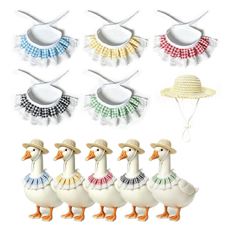Entryway Geese Display Outfit Set With Matched Hat and Patterned Collar for Country Porch Styling and Shelf Accent