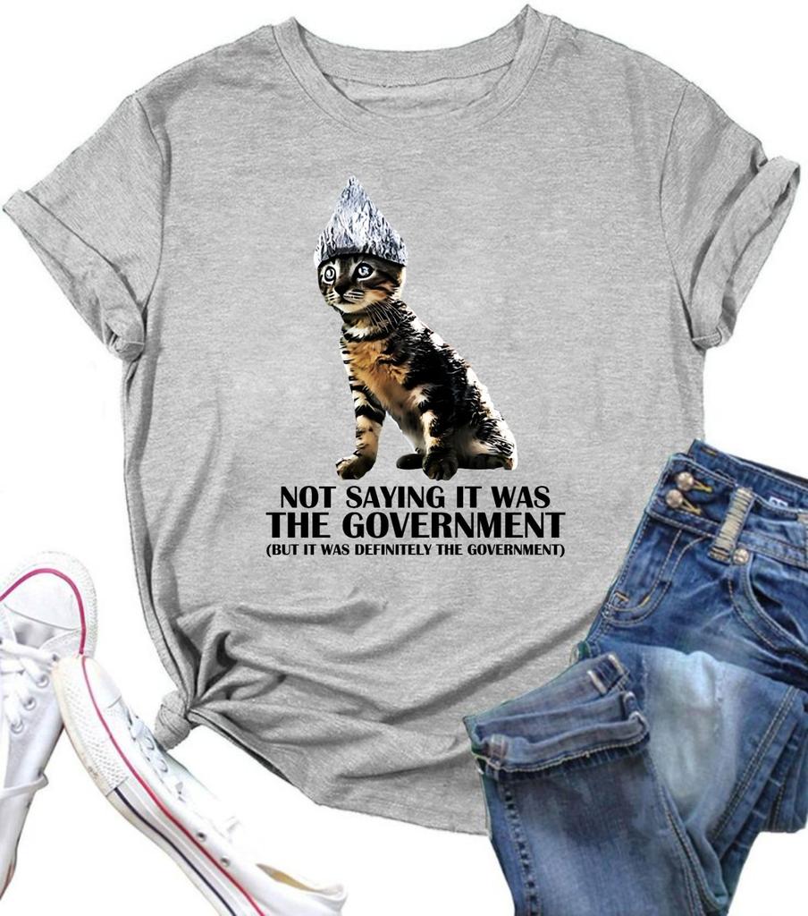 Government Conspiracy Funny Tin Foil Hat Cat Meme Quote Vintage T Shirt Unisex