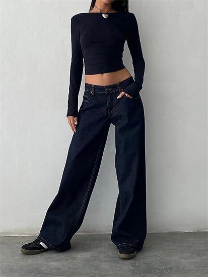 Fall Y2K Baggy Jeans for Women Trendy Low Rise Casual Vintage Straight Leg Boyfriend Jeans Denim Pants with Pocket Streetwear