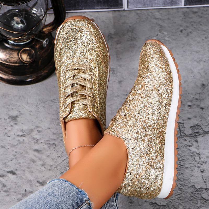 Plus Size Flat Casual Sports Shoes Women's 2025 New Sequin Lace-up Shoes
