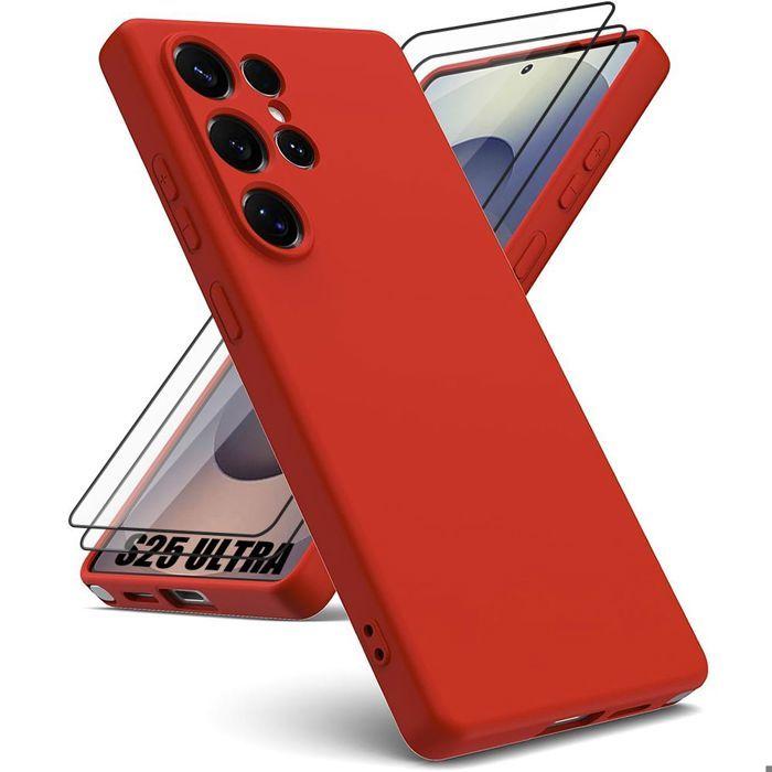 Coque pour Samsung Galaxy S25 Ultra - BOOLING - Silicone Doux Ultra Slim Antichoc Rouge - 2 Verres Trempés