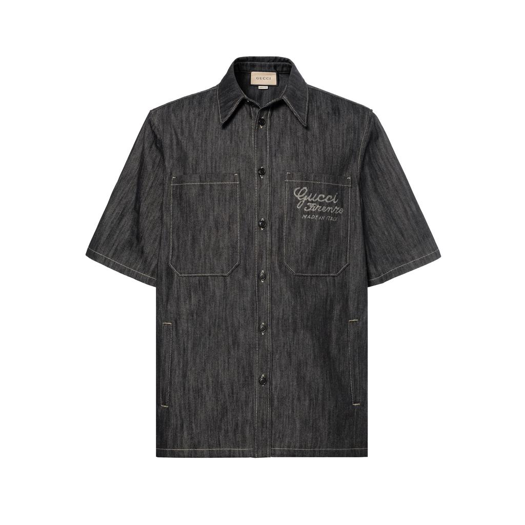 GUCCI Denim Shirt With Jacquard Detail Shirt Men's Dark Blue 782396-XDCWP-4759