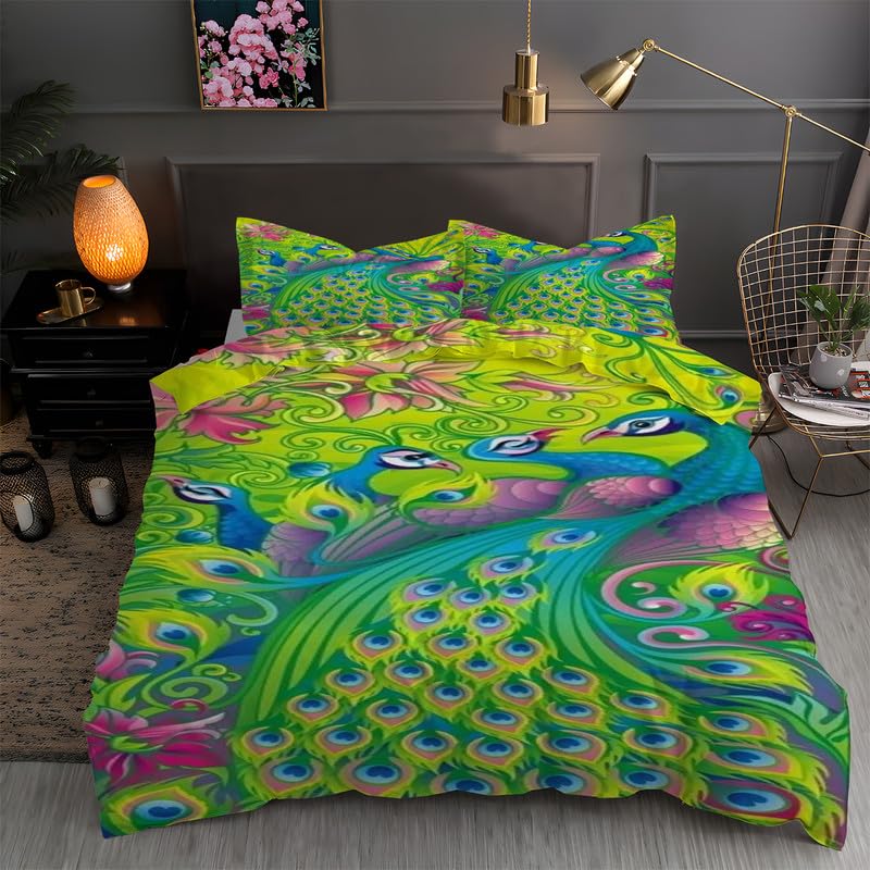 Floral Peacock Comforter Set Twin King Full Size, Bedding Set for Kids,Quilt Cover Peacock Duvet Set Girl Bedroom Decor 3 Pieces