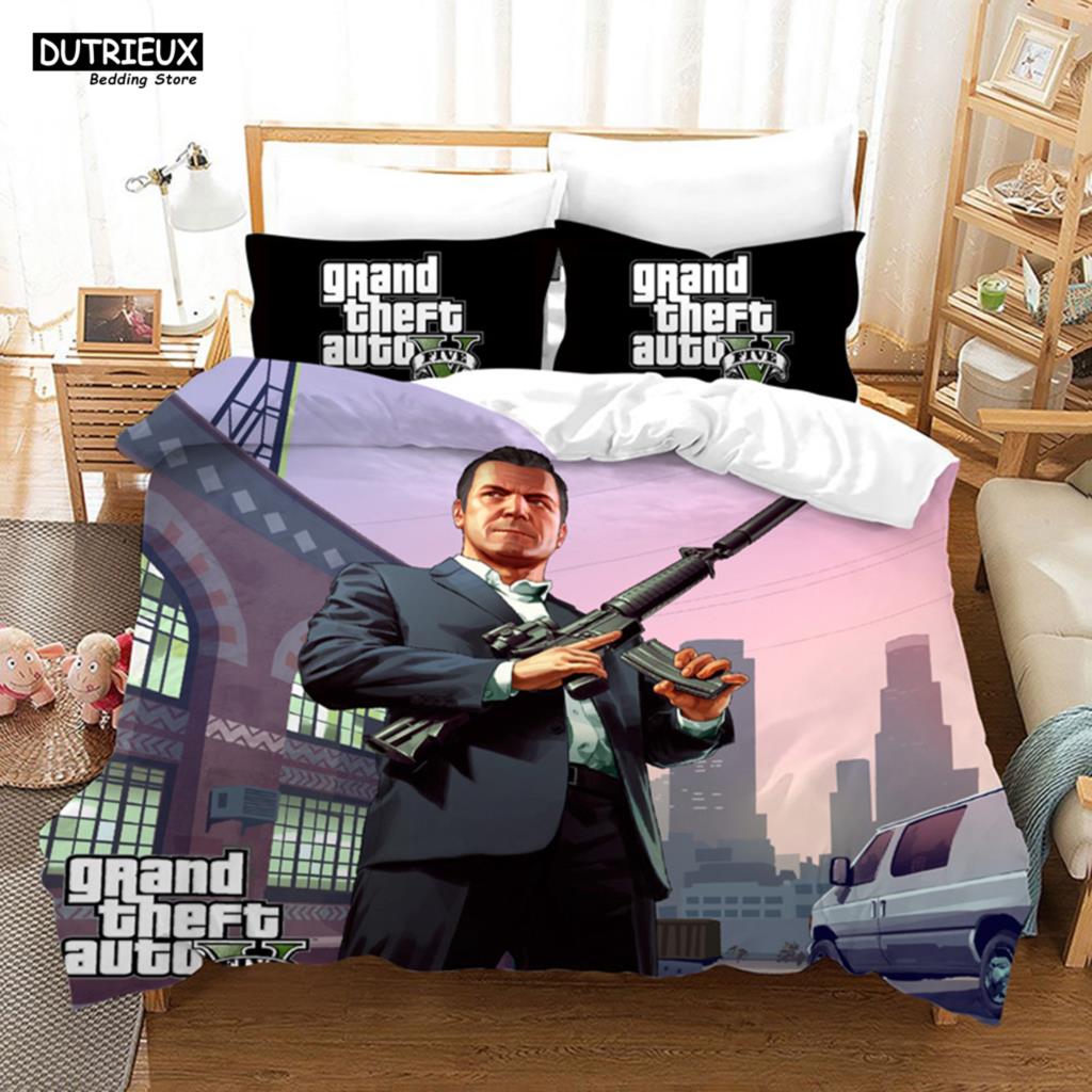 GTA V Game - Themed Cartoon Bedding Set with Duvet Cover and Pillowcase, Including Comforter