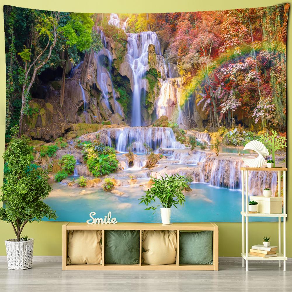 Kunst Natur Böhmische Wohnzimmer Zimmer Dekoration Ahornblatt Wald Wasserfall Landschaft Malerei Wandteppich Wandbehang