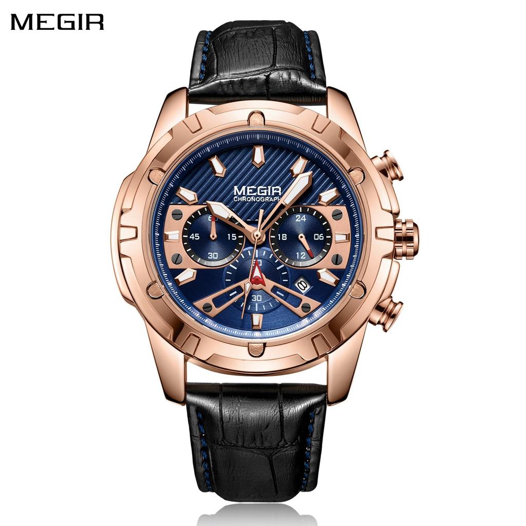 MEGIR Fashion Sport Watches for Men Luxury Military Quartz Wristwatch Leather Waterproof Man Chronograph Clock Relogio 2102