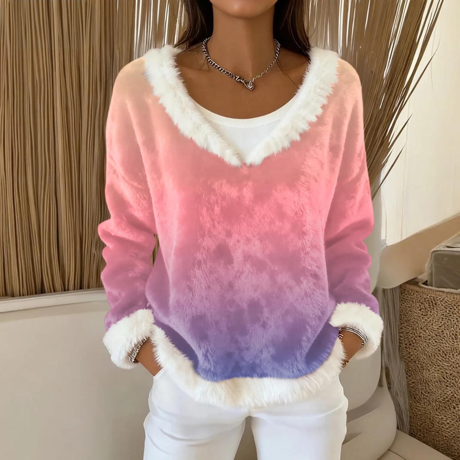 

Женский модный плюшевый пуловер с V-образным вырезом, футболка с длинным рукавом, с принтом S розовый