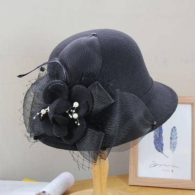 Autumn And Winter Woolen Top Hat Women'S British Fashion Warm Dome Basin Hat Elegant Flower Felt Hat