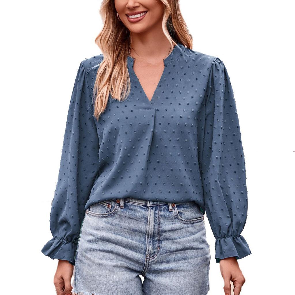 Dámské módní ležérní jednobarevné tričko s volným dlouhým rukávem a výstřihem do V