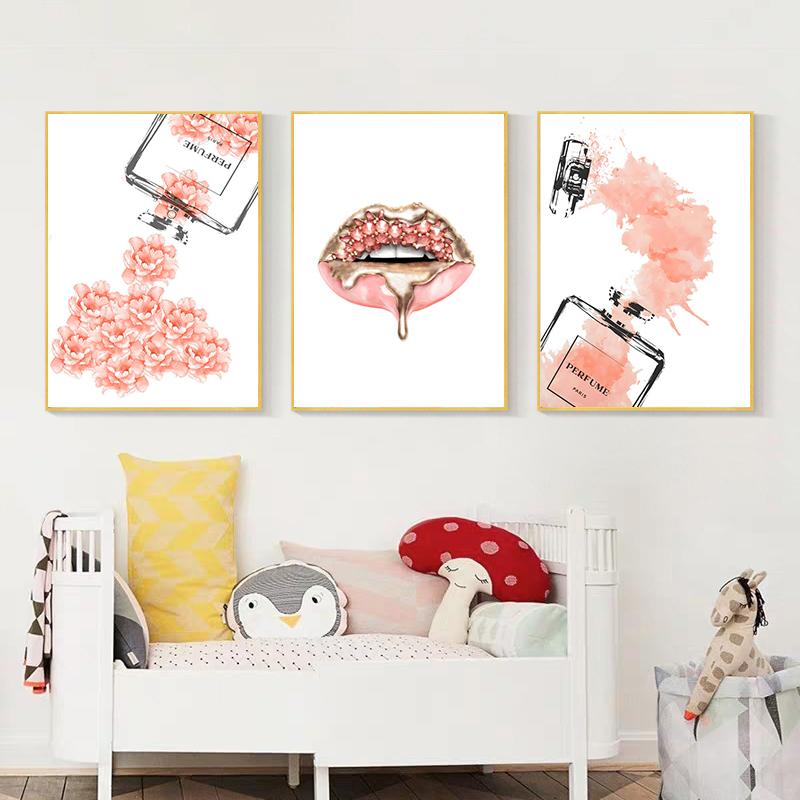 Pink Flower Paris Perfume Girl Lip Eyelash Wall Art Canvas Painting Nordic Posters And Prints Wall Picture For Grils' Room Decor