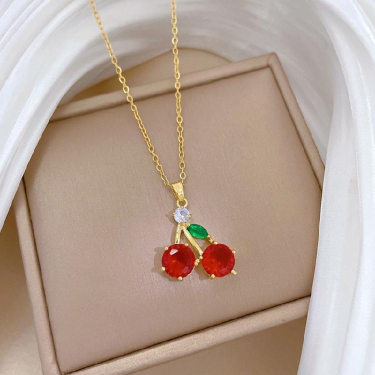 Vibrant Zircon Cherries Pendant Necklace Fashionable Cherries Designs Necklace Zircon Pendant Neckchain For Women