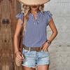 Chic Women's Striped V Neck Ruffle Blouse Short Sleeve Summer Tops
