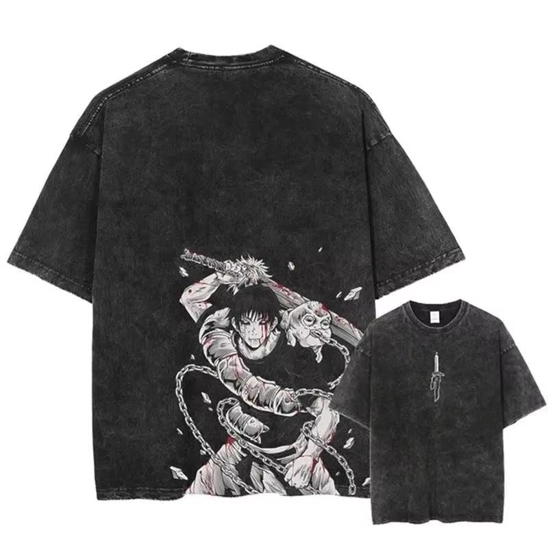 Fushiguro Toji Koszulka z Nadrukiem Anime Jujutsu Kaisen T-shirt Męski Damski Luźna Płukana Bawełna Oversize Koszulka Retro Manga Grafika Krótki Rękaw Streetwear Top