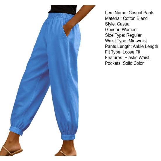 Women Casual Pants Elastic Mid-rise Wide Leg Ankle-Tied Design Long Trousers with Pockets Pure