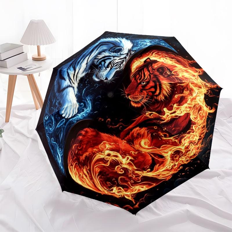 1 PC Automatic Folding Umbrella - Yin Yang Tiger Pattern, Portable & Foldable Design with 8 Ribs, Christmas Birthday Gifts