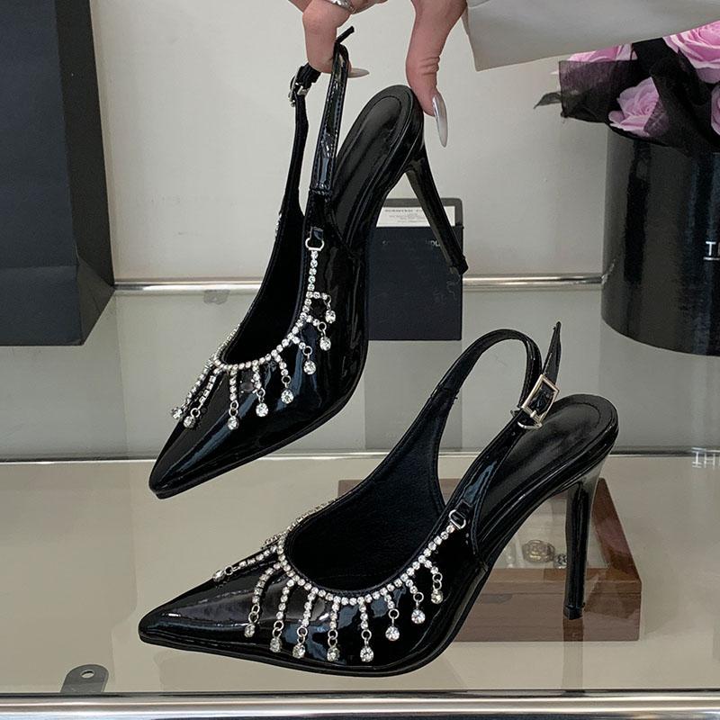 

Fashion 2025 Fashion Pointed Toe Ladies Super High Heels Pumps Shoes Luxury Female Footwear Rhinestones Chain Women Stiletto Heels Shoes 35 чёрный
