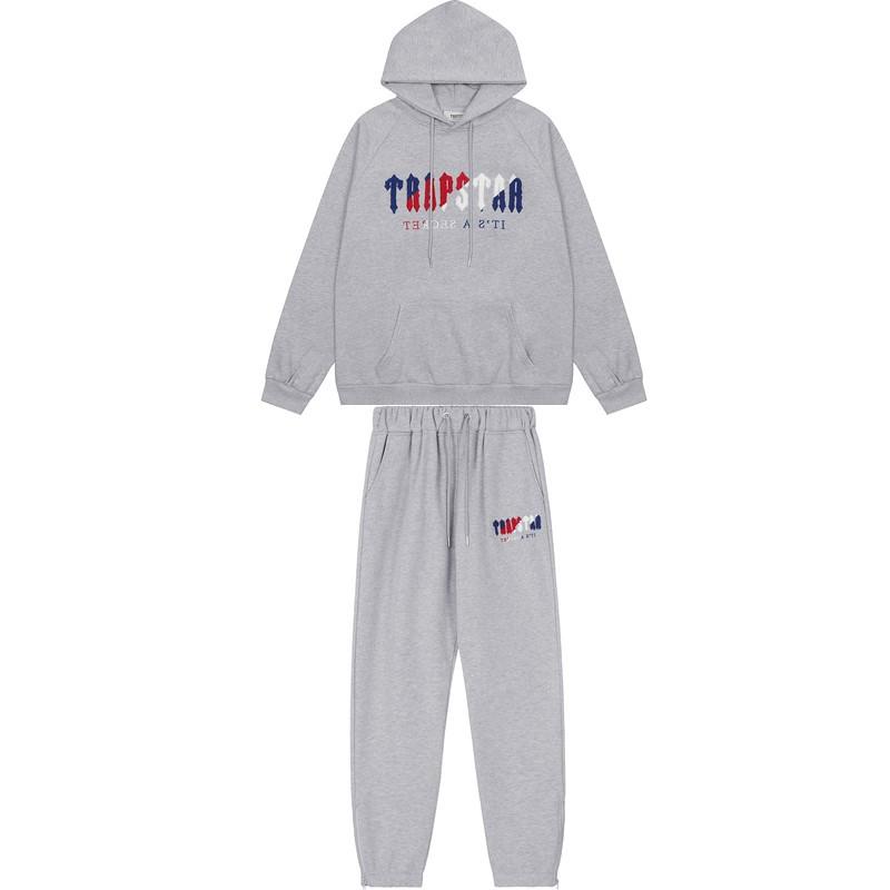 European and American trendy brand blue and red gradual change towel embroidery velvet men and women couples sweater sweatpants casual suit S серый