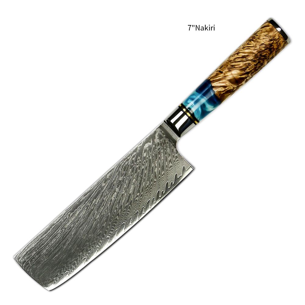 Amber Hot Selling 67-Layer Damascus Steel Kitchen Chef Knife Set Super Sharp Blade 10Cr15CoMoV Core with Resin & Wood Handle