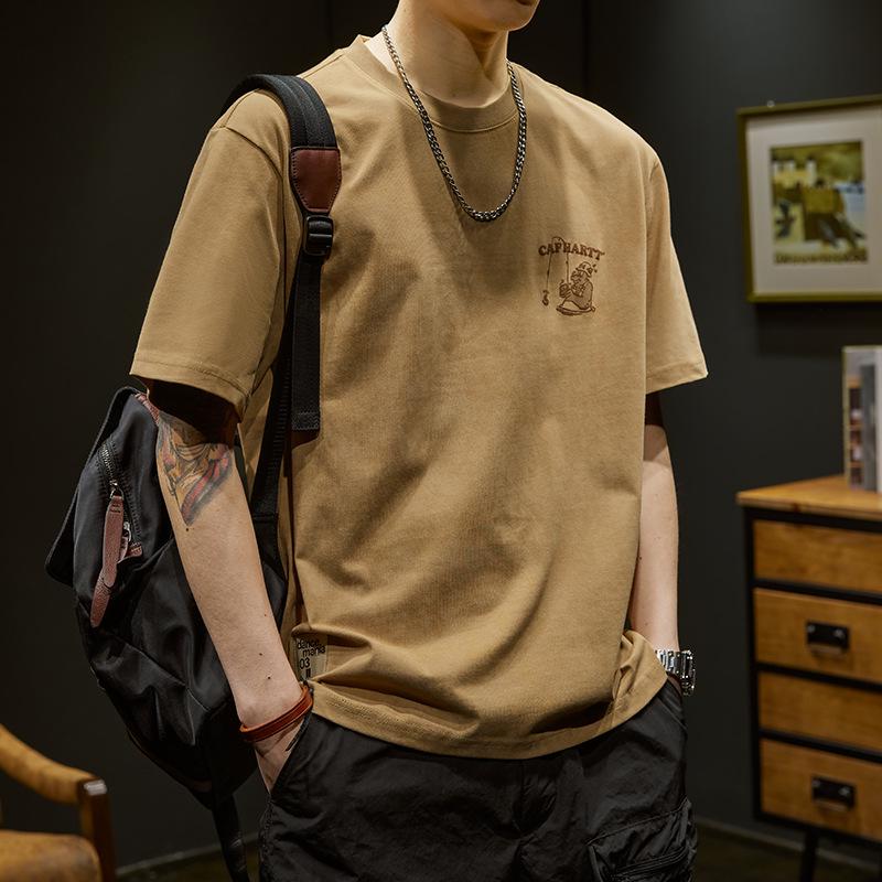 

Мужская футболка больших размеров свободного кроя из чистого хлопка с коротким рукавом - Модная летняя коллекция 2025 XL 145-160 jin хаки