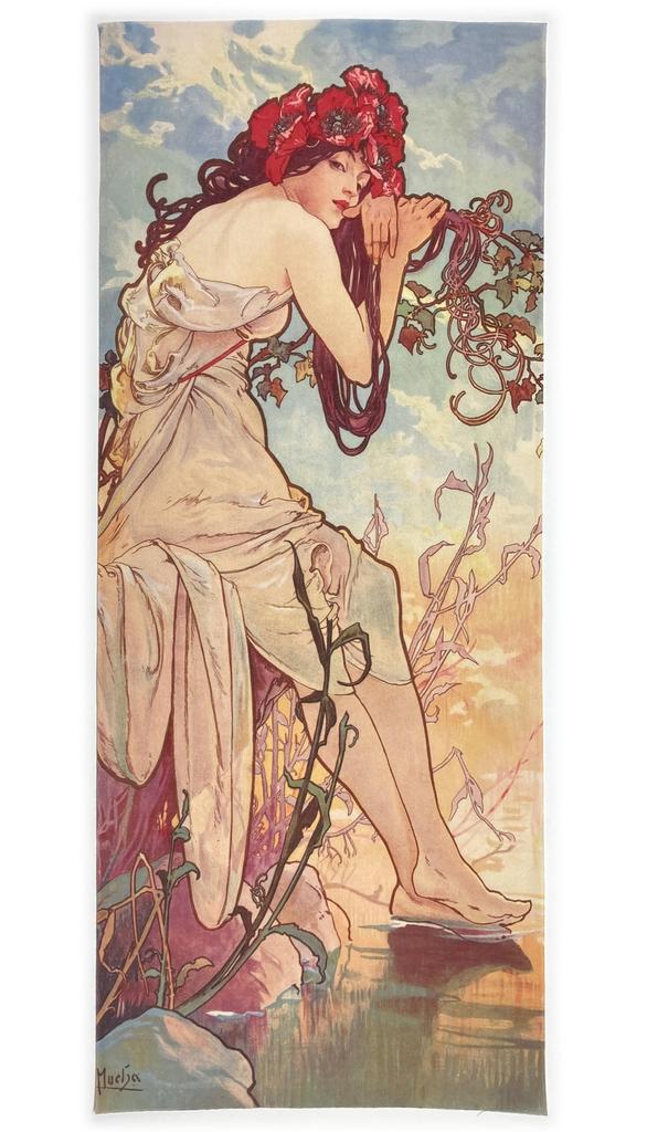Tenugui Hand from Around the by Alphonse Depicting the Four Including (Japanese Towel) World, Mucha, Seasons, Summer.