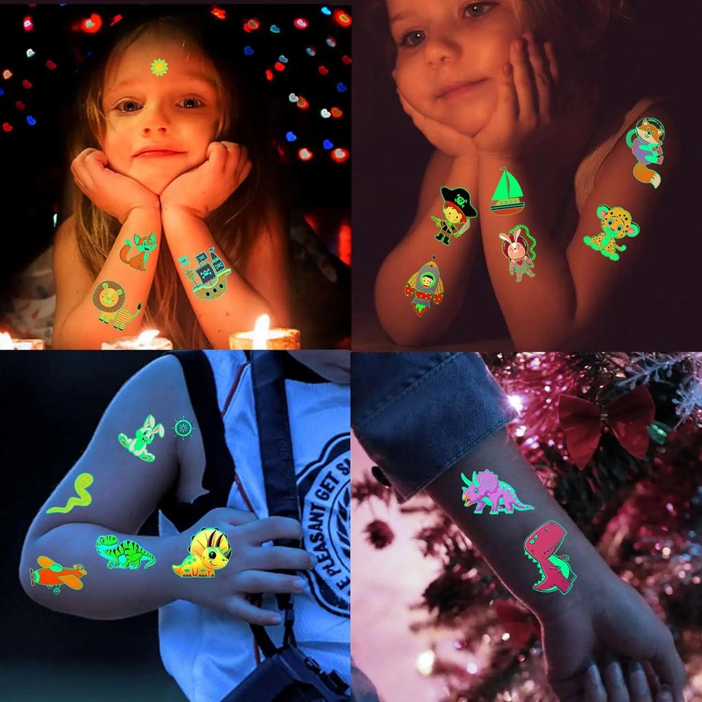 Glow in The Dark Tattoo Stickers for Kids Party Animal Themed Temporary Tattoos Fluorescent Body Art Decorations Safe Washable