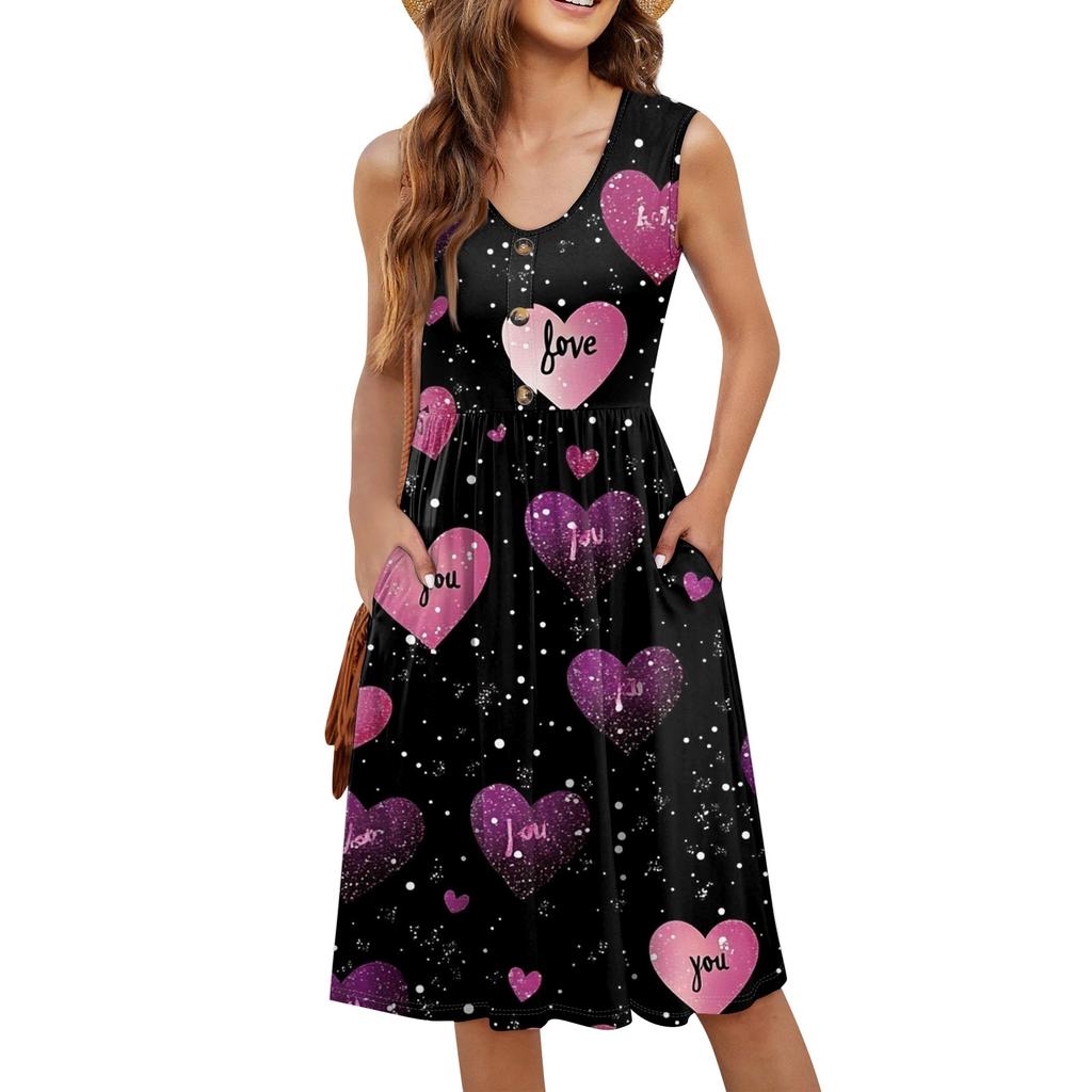 Women's Casual Fashion Sexy V-Neck Button Decoration Sleeveless Valentine's Day Tunic Dress