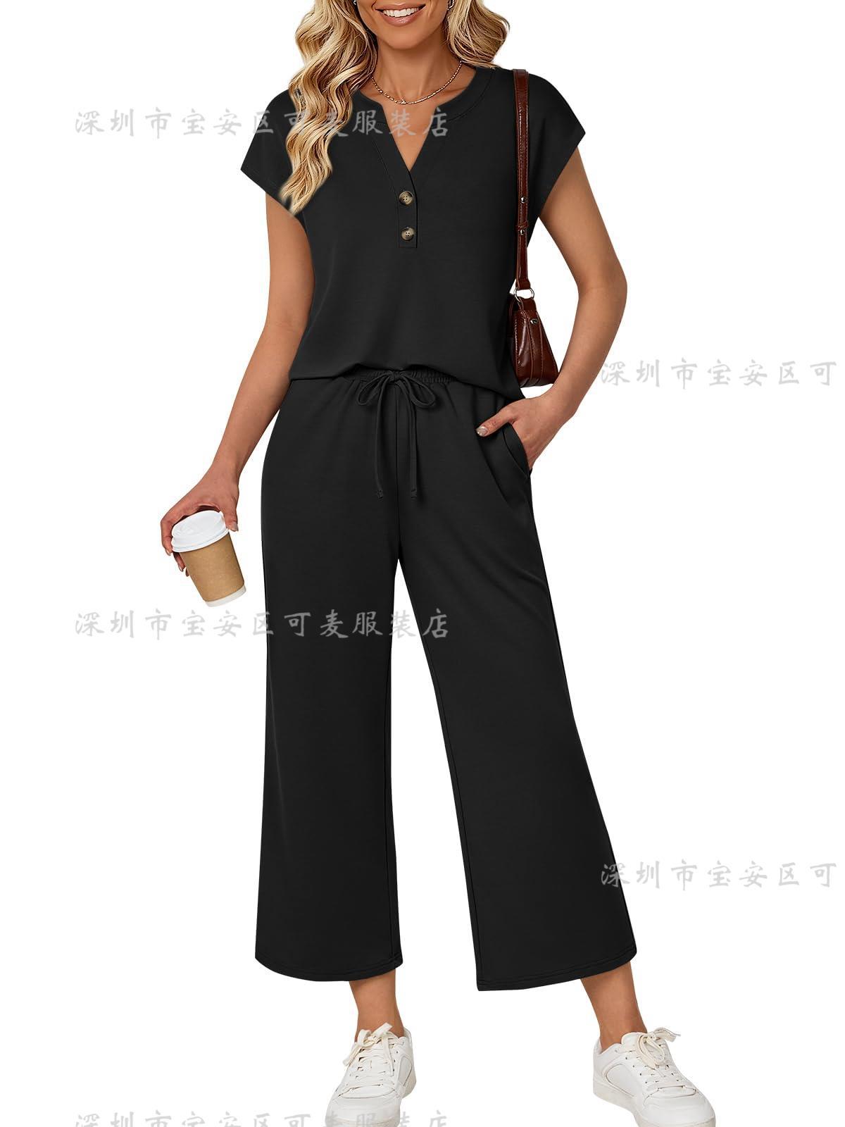 Women Short Sleeve V Neck Button Front Drawstring Waist Wide Leg suit Multi Colors S чёрный