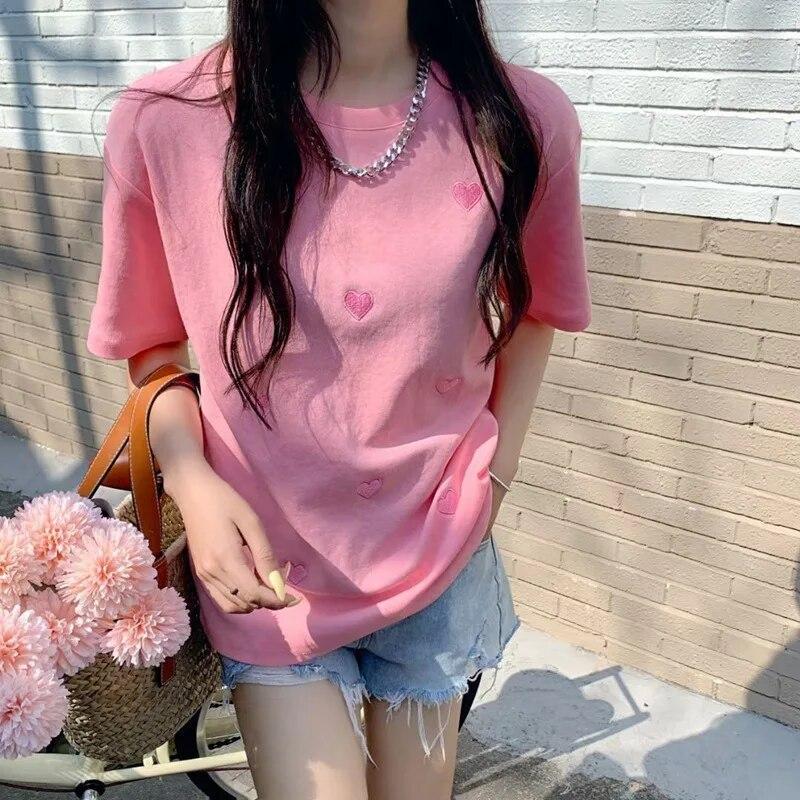 2024 Summer Harajuku T-shirts Love Embroidery Sweet Women Casual T-Shirt Korean Short Sleeve Loose T Shirt Female White Tops Y2k Streetwear