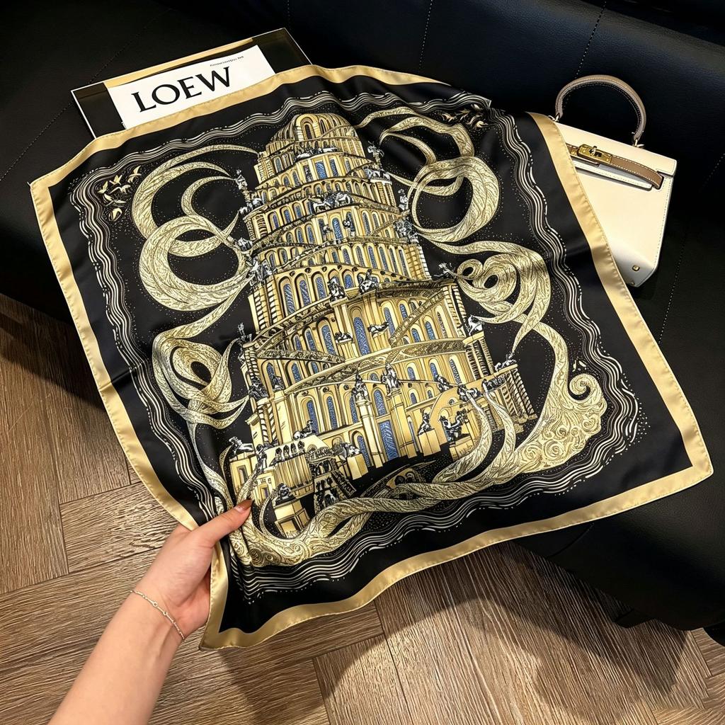 71Cm New Chinese Simulation Silk Square Scarf Soft and Skin-friendly Ink Flower Rhyme Printing Silk Scarf Neck Sunscreen Small Scarf
