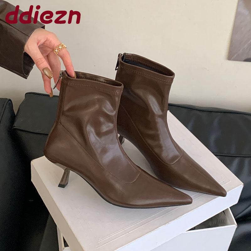 Mode Mode Spitzschuh Damen Moderne Kurze Stiefel mit Absätzen Schuhe Reißverschlüsse Damen Knöchel Stretch Stiefel Damen Pumps Schuhe