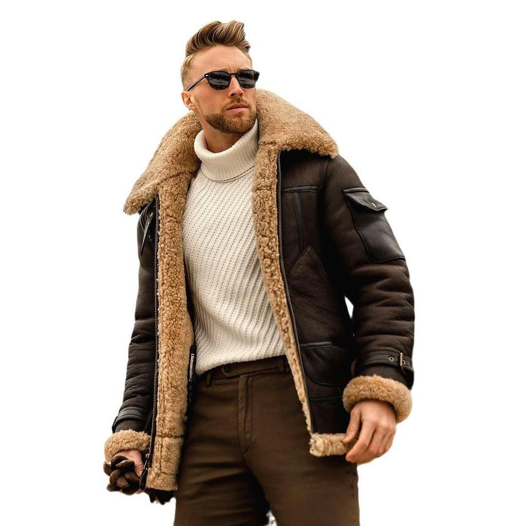 Men's Winter Leather Jacket with Thick Fur Lining - Large Size, Warm Cross-Border Coat