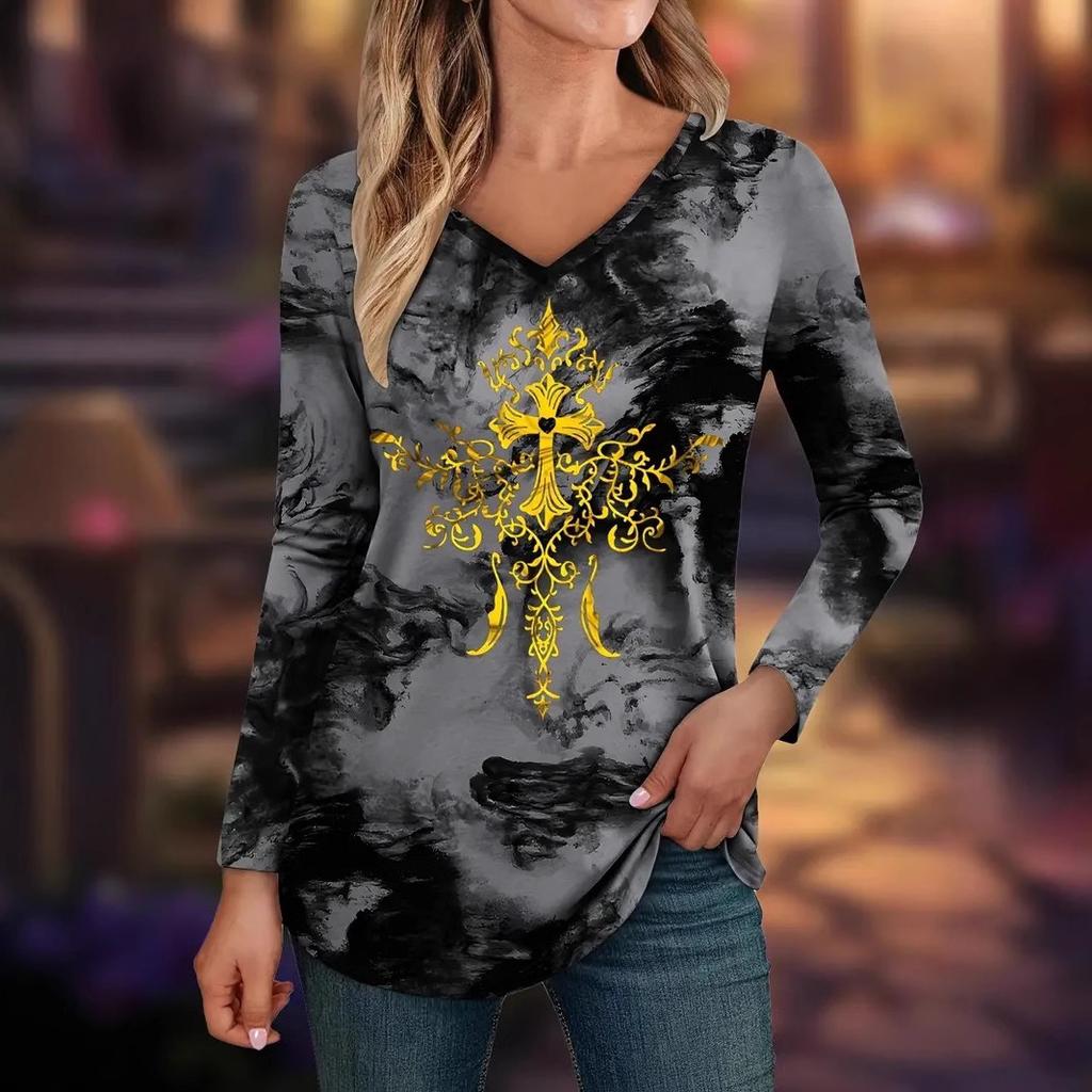 Spring and Autumn Casual Versatile Color Gradient V-neck Long Sleeved Top Women's T-shirts