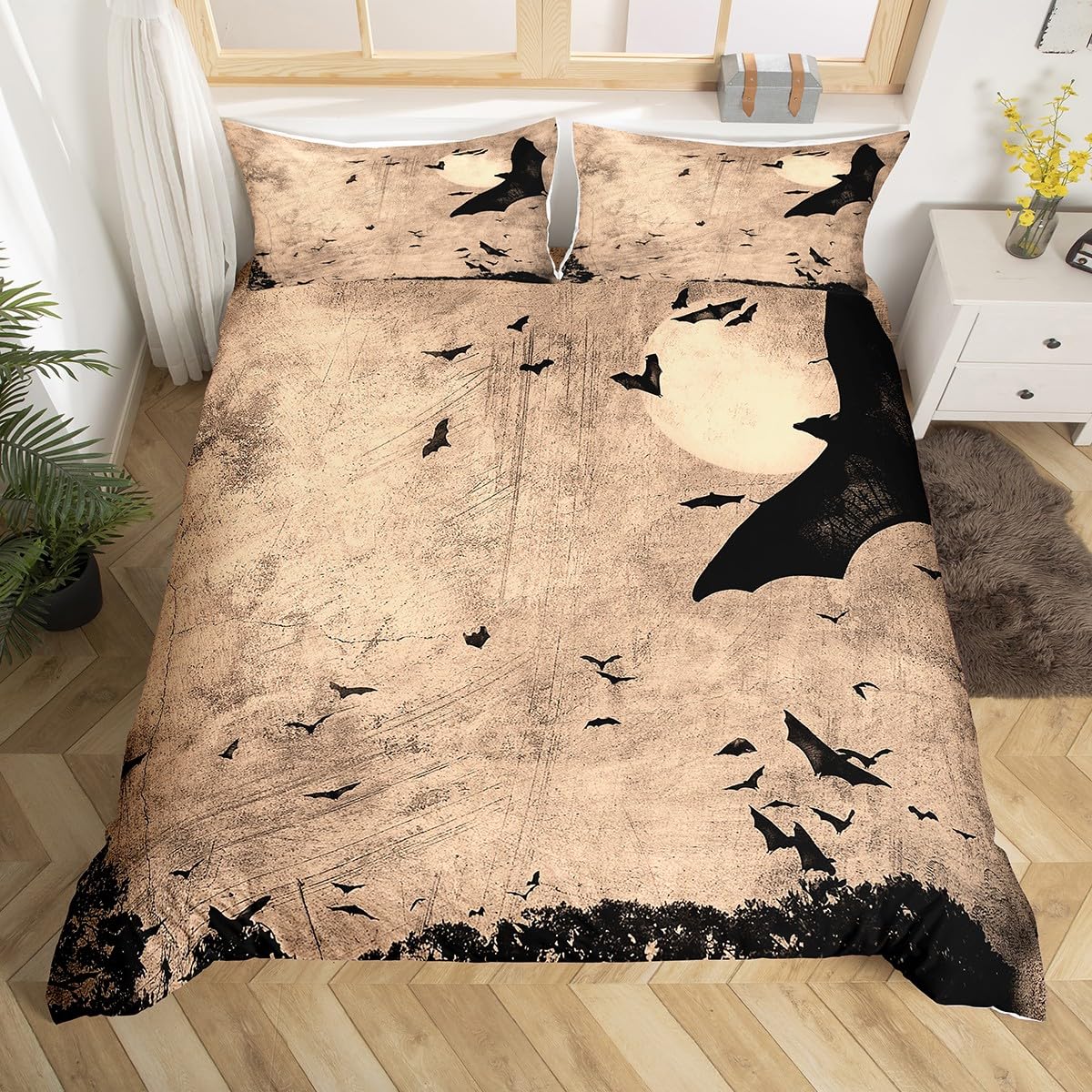 

Comforter Halloween King Gothic Spider Web Bats Comforter Night Sky Orange Moon Bedding Set Grunge Style Comforter (quilt)-EU Single(135*200cm)3pcs