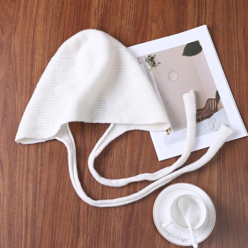 100% Wolle Einfarbige Gestrickte Mütze mit Ohrklappen und langem Zopfband Warm für Herbst & Winter Modischer Schnür-Pullover Woll-Kopfbedeckung