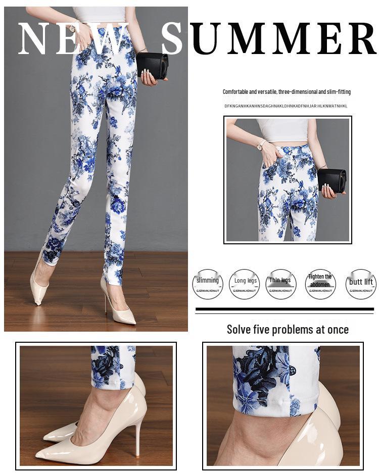 Versatile Floral Plaid Slimming Pants for Women - 2024 Summer, Elastic Waist, Long and Tight-fitting.