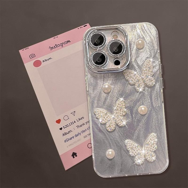 Pearl Butterfly Silver Gray Mobile Phone Case for IPhone16pro Lens All-inclusive Anti-fall for Apple 17AIr High-end