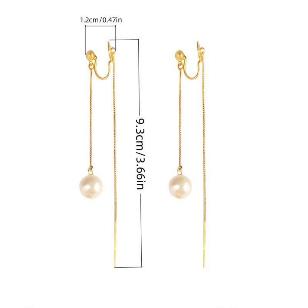 Long Pearl Tassel Ear Thread with Painless Ear Clip for Women - Slimming Round Face Design