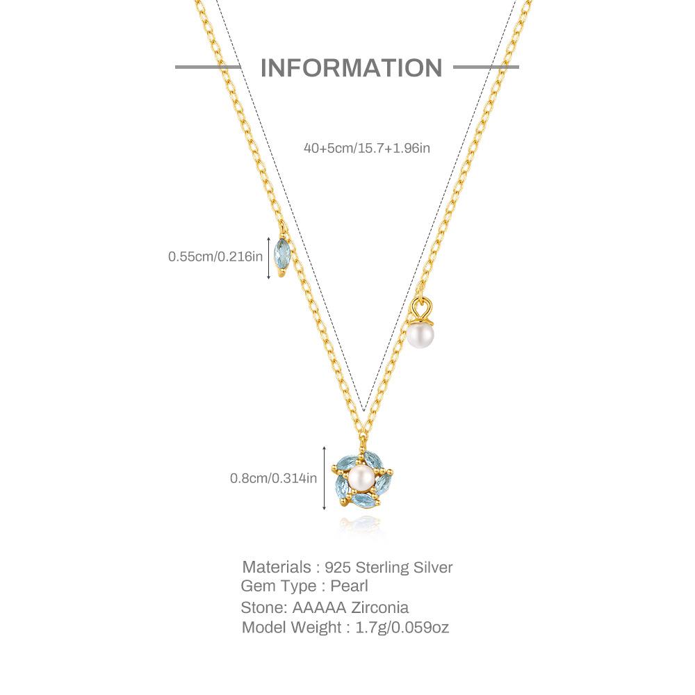 Tendance Mode Argent Sterling S925 Bleu Mer Peu Profonde Zircon Œil de Cheval Épissé en Flocon de Neige Perle Petit Collier Frais