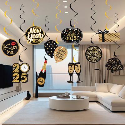 1Set New Year Eve Party Decoration Spiral Hanging Banner Black Gold Hello 2025 Christmas Party Supplies Photo Booth Props Gift