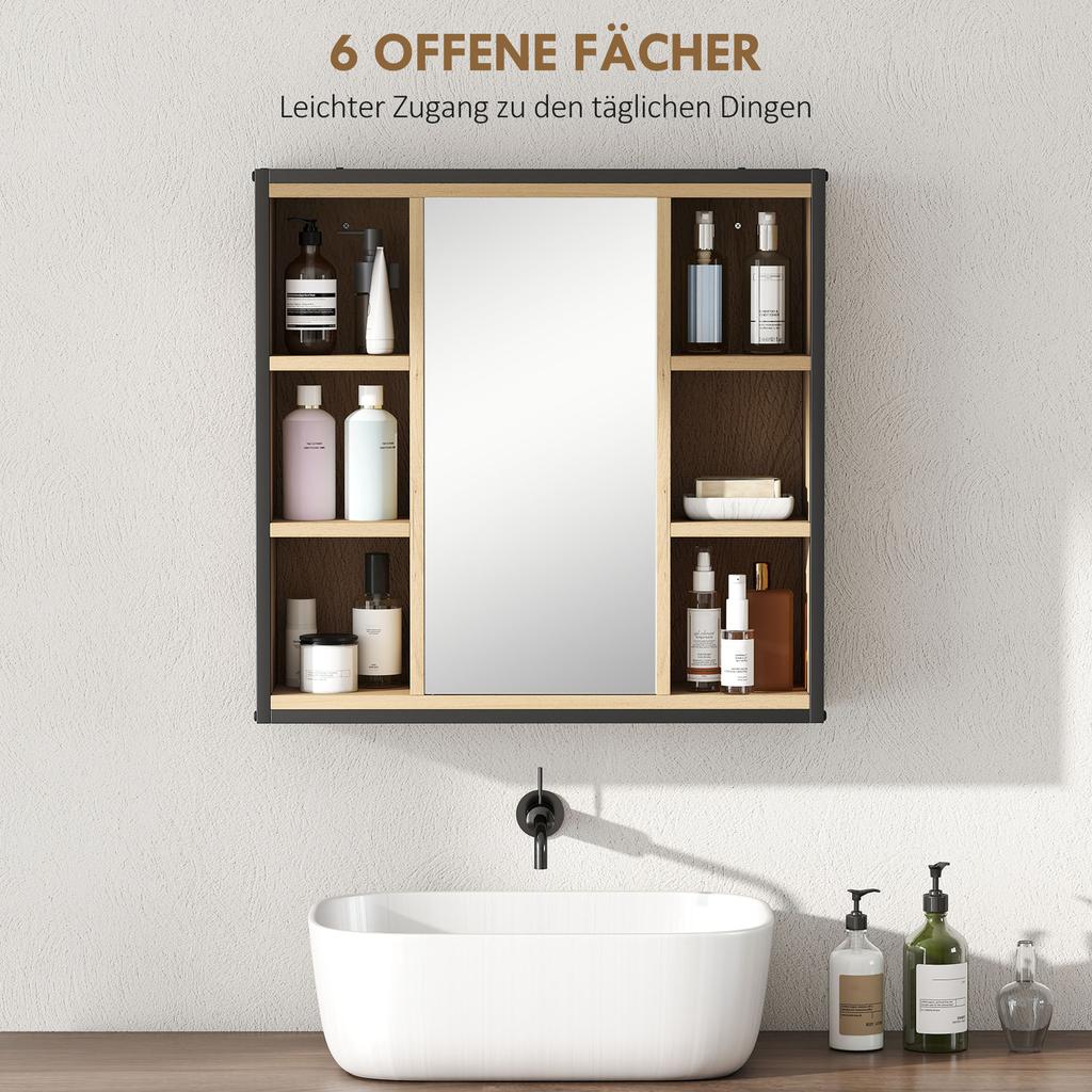Badezimmerspiegel-Schrank, 6 offene Fächer, 3-stufiges Regal, Wandmontage, Eiche