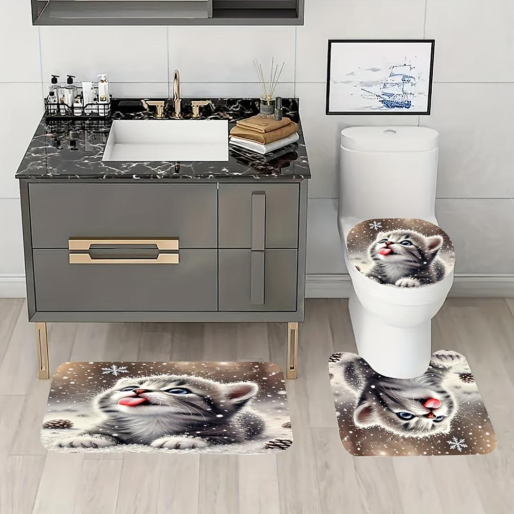4 szt. Zestaw zasłony prysznicowej do łazienki Zimowy wzór kota w śniegu Zasłona łazienkowa z 12 haczykami Dywaniki antypoślizgowe Mata na pokrywę toalety Przegroda łazienkowa