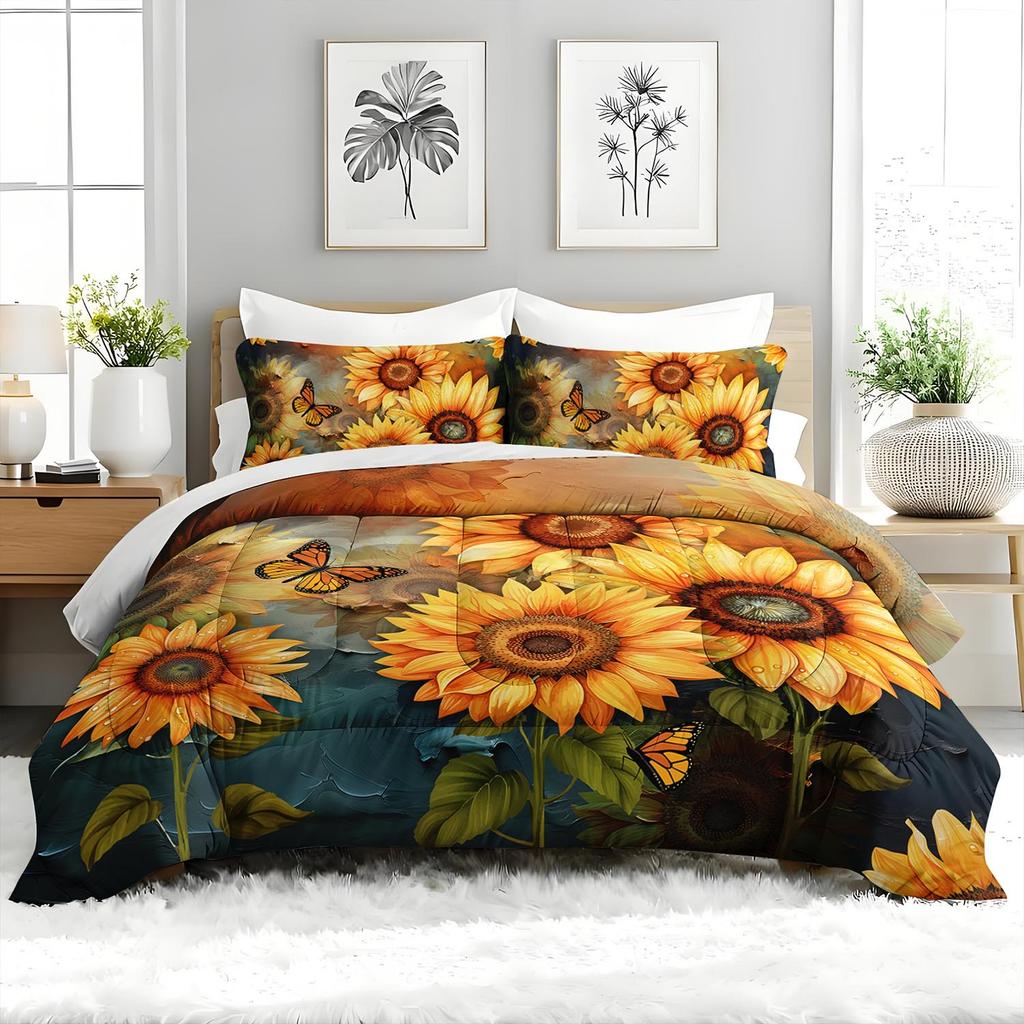 3PC Sunflower & Butterfly Comforter Set Floral Botanical Bedding Duvet Cover with 2 Pillowcases for Bedroom