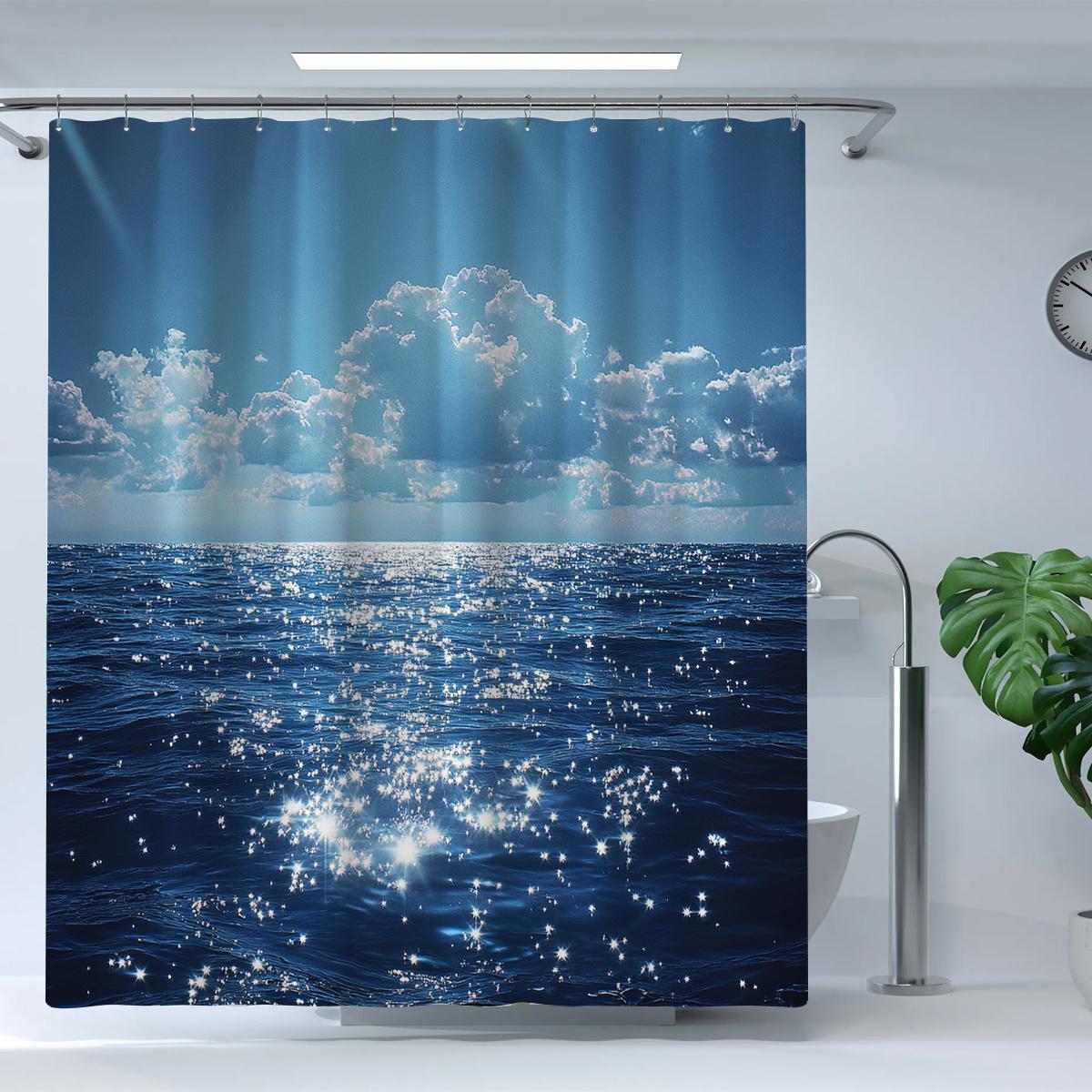 

1pc Elegant Dark Night Sea Shower Curtain - Digital Print Polyester, Woven with Starry Ocean & Clouds Design, Machine Washable, 90x180cm